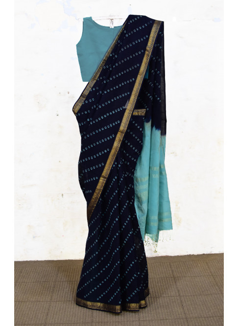 Dark blue, Handwoven Organic Cotton, tie & dye, Sungudi Saree
